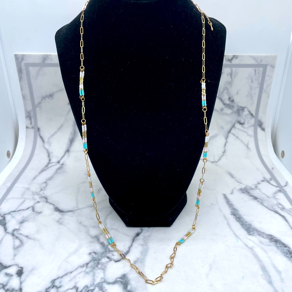 New Elan Necklace Gold Tone Beaded Turquoise White & Gold Colored Beads
